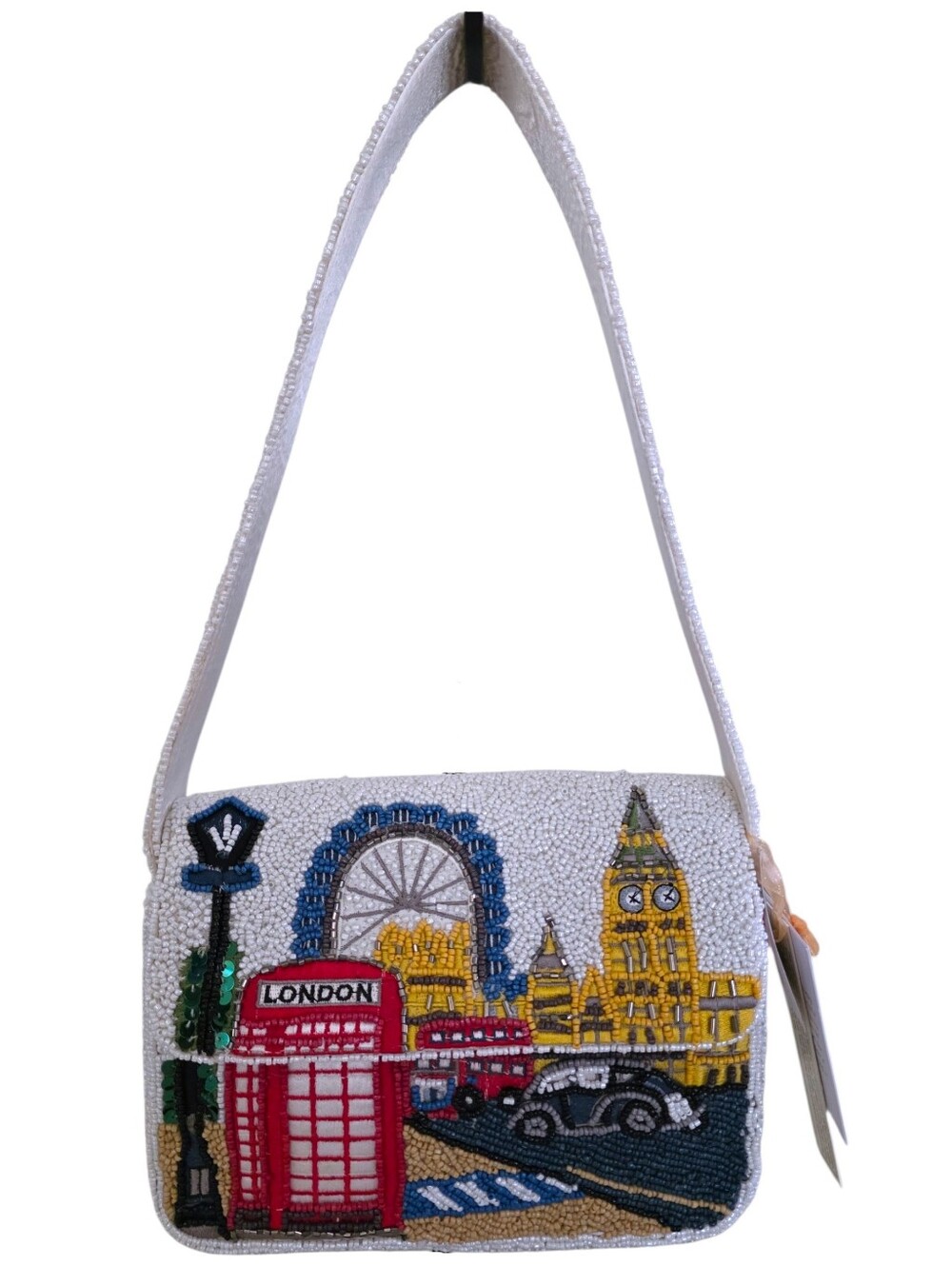NEW Beaded London Skyline White Shoulder Bag Big Ben Red Booth Made In India NWT